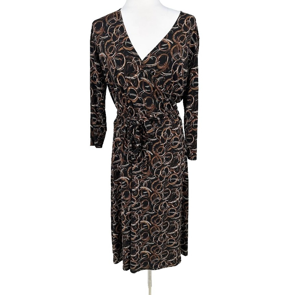Chicos Midi Dress Womens 1 Medium Black Abstract Belted Stretch Career Modern